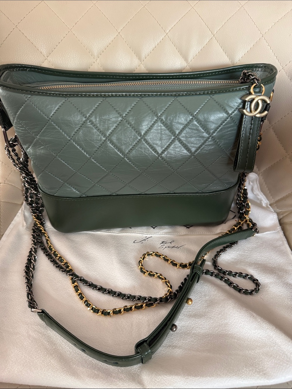 Quilted Two-Tone Green Crossbody Bag with Chain Strap